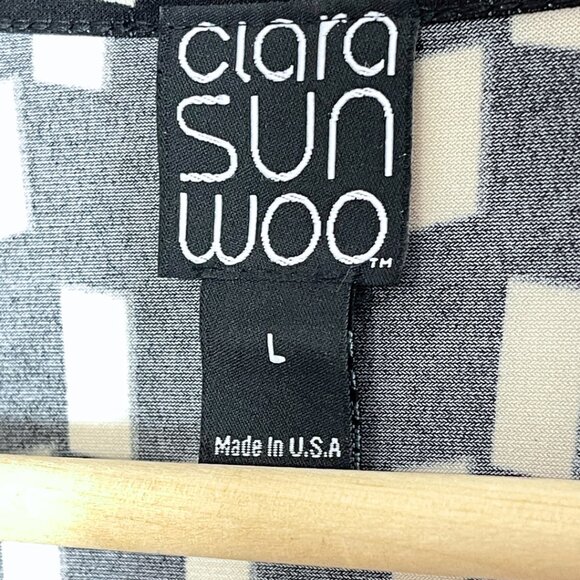 Clara Sunwoo Check Print Top Size L Black Cream Front Knot Stretch Knit Blouse - Picture 7 of 11